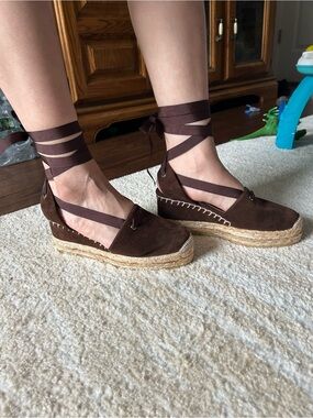 Ralph Lauren Collection Brown Suede Ribbon Lace Espadrilles Size 8